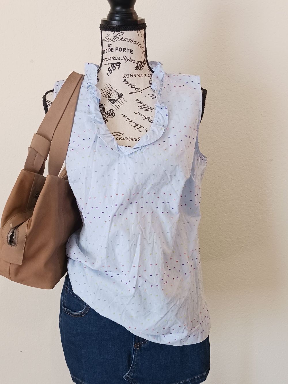 Talbots Light Blue Ruffle V-Neck Polka Dot Camisole M Casual Travel Cotton